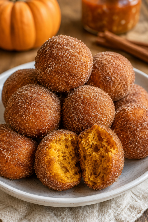 A bowl of homemade cinnamon sugar pumpkin donut holes coated with cinnamon sugar, showing soft pumpkin donut bites perfect for a fall breakfast or snack.