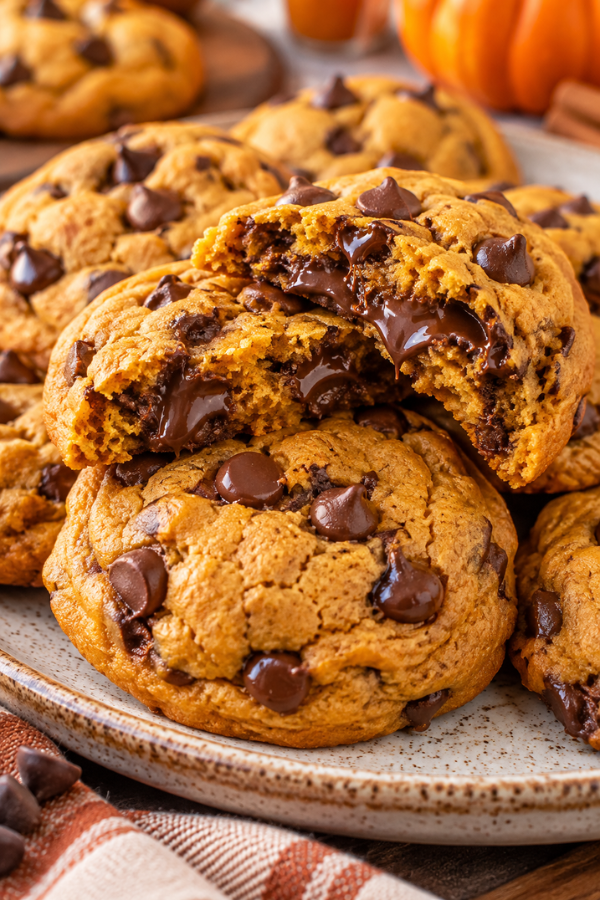 Chewy Pumpkin Chocolate Chip Cookies with soft centers and melty chocolate